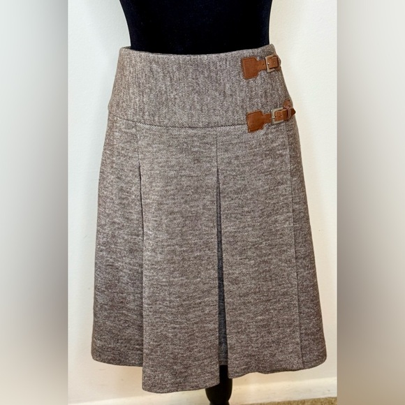 Red Globe wool blend tweed pleated preppy wrap skirt leather buckle detail 8 EUC - Picture 1 of 9